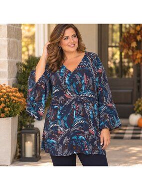 Catherines Tunic Womens 4X 30/32W Navy Floral Bell Sleeve Surplice Stretch